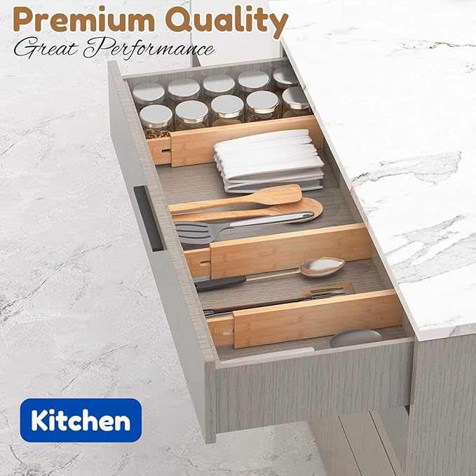 6 pcs Bamboo Kitchen Drawer Dividers Large, Adjustable Drawer Organizers, Spring Loaded, Works in Kitchen, Dresser, Bathroom, Bedroom, Drawer, Desk divider