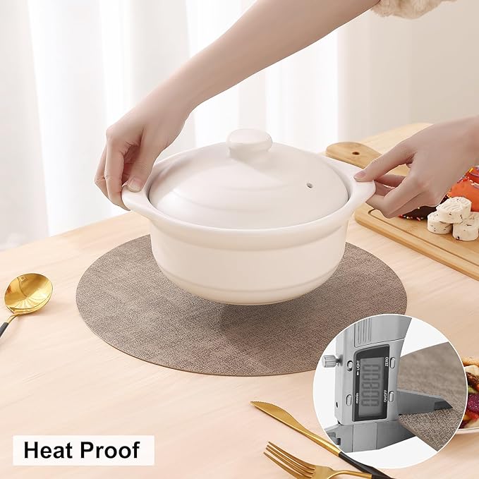 homing Round Faux Leather Placemat and Coaster 4 Packs, Washable Heat Resistant Dining Place Mats, Wipeable Double-Sided Table Mats for Indoor and Outdoor, Diameter 13 and 3.93 inch, Camel