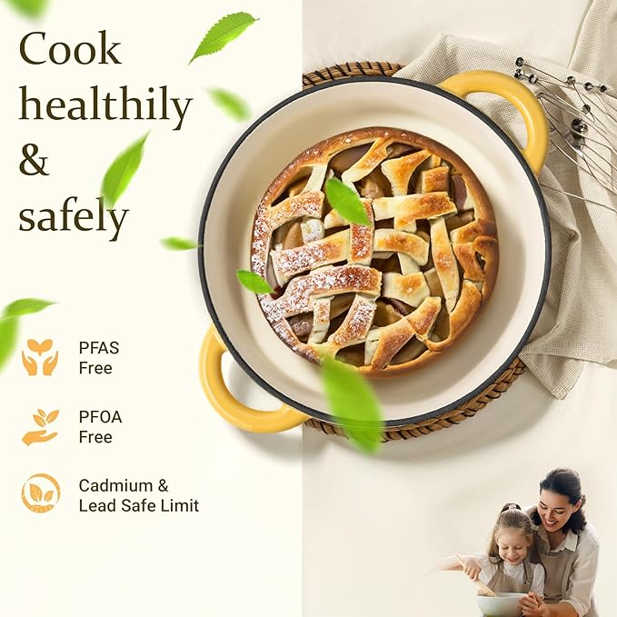 Overmont Enameled Cast Iron Dutch Oven - 5.5QT Pot with Lid Cookbook & Cotton Potholders - Heavy-Duty Cookware for Braising, Stews, Roasting, Bread Baking Goose Yellow