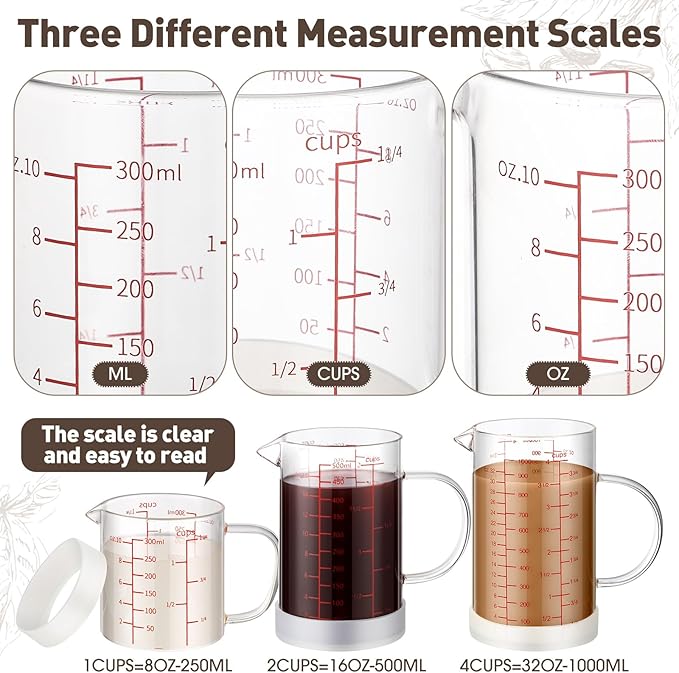 Lallisa 3 Sets Glass Measuring Cups with Handle 1 1/4 Cup, 2 Cup, 4 Cup High Borosilicate Glass Measuring Beaker, V Shaped Spout, 3 Scales (OZ, Cup, ML/CC) for Kitchen Restaurant