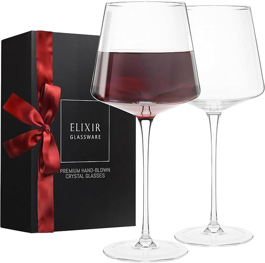 ELIXIR GLASSWARE Modern Red Wine Glasses Set of 2 - 22 oz - Hand Blown Crystal, Tall Long Stem - Unique Large With Stem