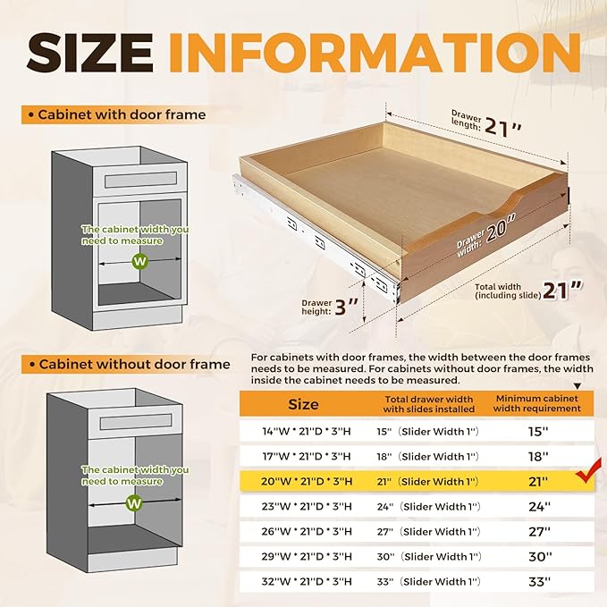 Pull Out Drawers for Cabinet Wood Slide Out Cabinet Organizer and Storage Cabinet Kitchen Drawers Slide Out Shelves Pull Out Shelves in Kitchen Pantry Bathroom with Soft Close 21"W x 22"D x 3"H