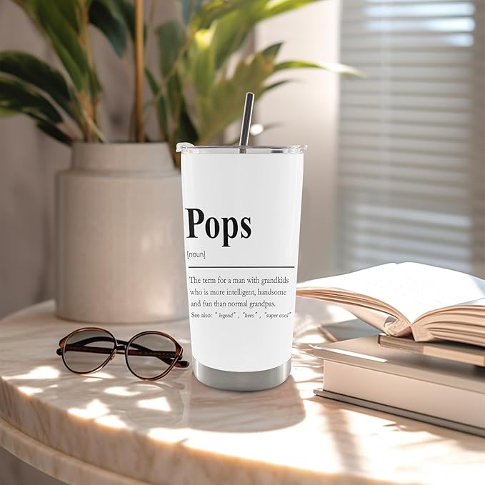 QASHWEY Pops Gifts Coffee Tumbler - Pop Pop Grandpa Gifts from Grandkids Travel Tumbler Coffee Mug, Gift for Pop Grandpa Fathers Day, Pops Definition Stainless Steel Tumblers with Straw and Lid 20 oz