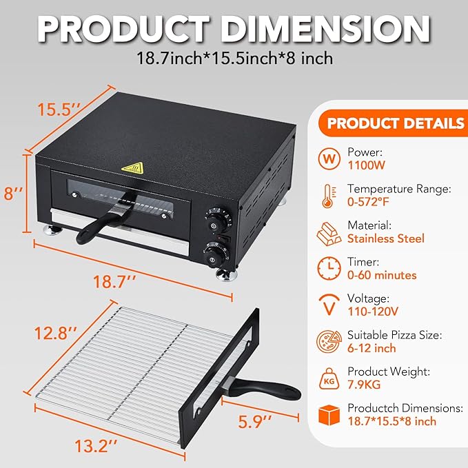 GarveeHome Electric Pizza Oven with Glass Door, 12 Inch Countertop Pizza Oven with 60 Minutes Timer, Pizza Maker Machine for Home and Commercial with Gloves, Clip & Pizza Roller