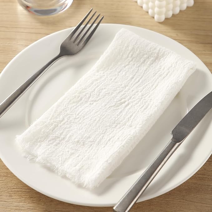 Handmade Cloth Napkins with Fringe, 100% Cotton Napkins, Delicate Handmade Linen Napkins for Dinners, Parties, Weddings and More, 17 x 17 Inch Set of 12 - White