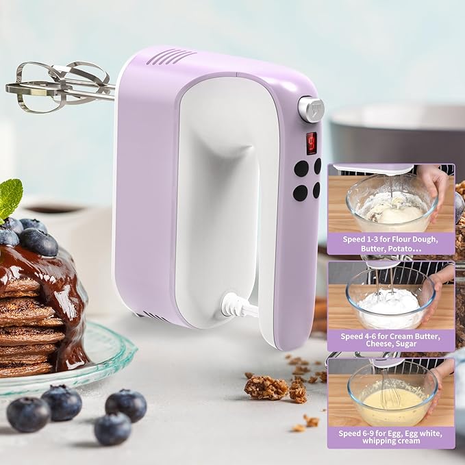 9-Speed Digital Hand Mixer Electric, 400W DC Motor, Hand Mixer electric Handheld with Snap-On Storage Case, Touch Button, Turbo Boost, 5x Stainless Steel Accessories (Lilac Purple)