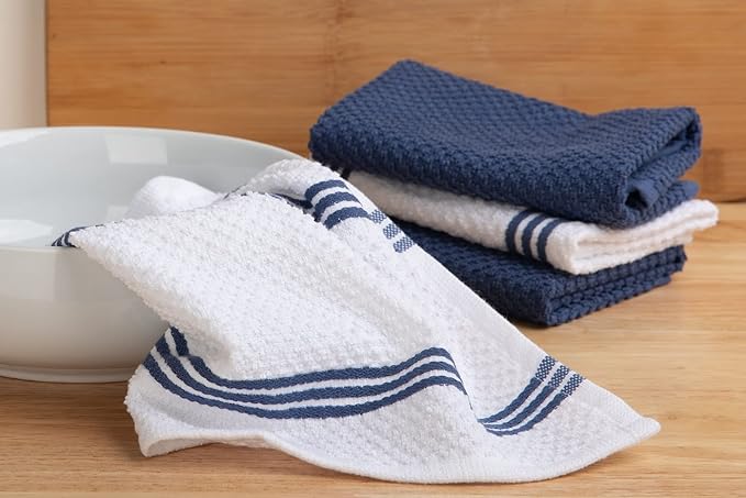 Sticky Toffee Cotton Dishcloths Set of 8 – 12x12 in Dark Blue and White Dish Towels, Reusable and Absorbent Tea Towels for Cleaning or Drying, Oeko-Tex Cotton