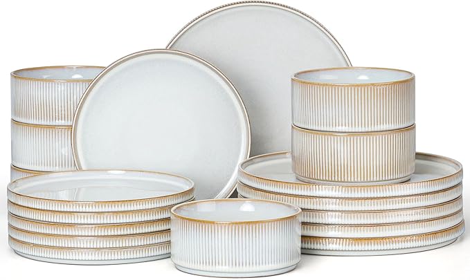 E-far Stoneware Dinnerware Sets, 18-Pieces Modern Plates and Bowls Sets, Kitchen Dinning Porcelain Dishes Set for 6, Chip & Scratch Resistant, Dishwasher & Microwave Safe, Creamy Beige