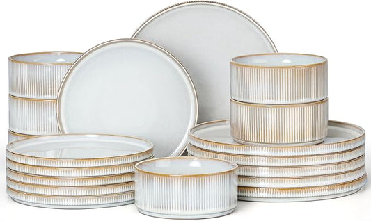 E-far Stoneware Dinnerware Sets, 18-Pieces Modern Plates and Bowls Sets, Kitchen Dinning Porcelain Dishes Set for 6, Chip & Scratch Resistant, Dishwasher & Microwave Safe, Creamy Beige