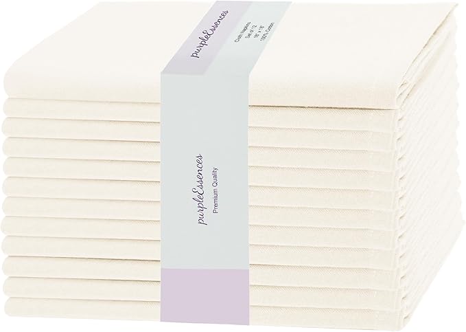 PurpleEssences Set of 12 Cloth Dinner Napkins 100% Cotton 18x18 Inch - Soft Durable Washable - Ideal for Farmhouse Party Christmas Holiday Winter - Perfect Everyday Use Table Linen - Cream