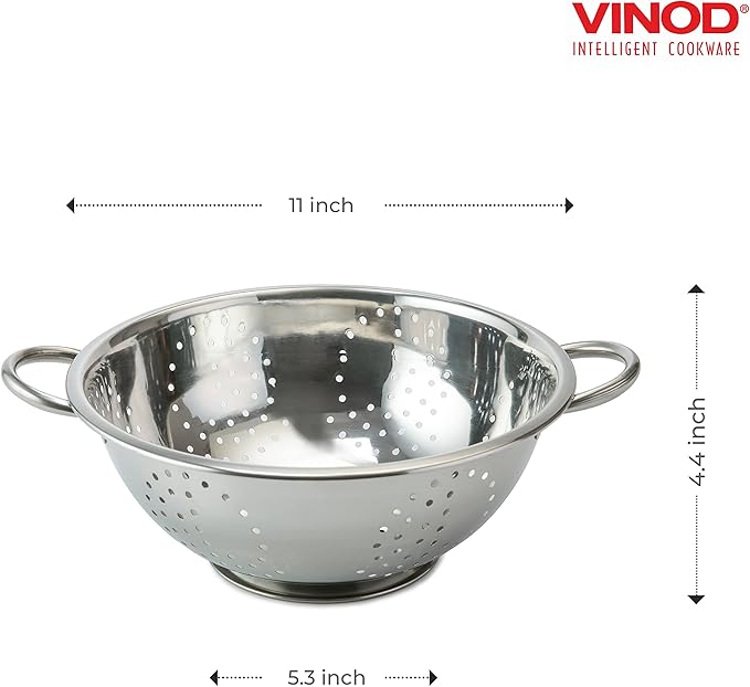 Vinod Food Mesh Colander | 11 Inches in Diameter | Dishwasher Friendly Strainer | Perforated Base | Suitable For Straining Fruits, Vegetables, Noodles, Pasta, Spaghetti | Stainless Steel Body Large