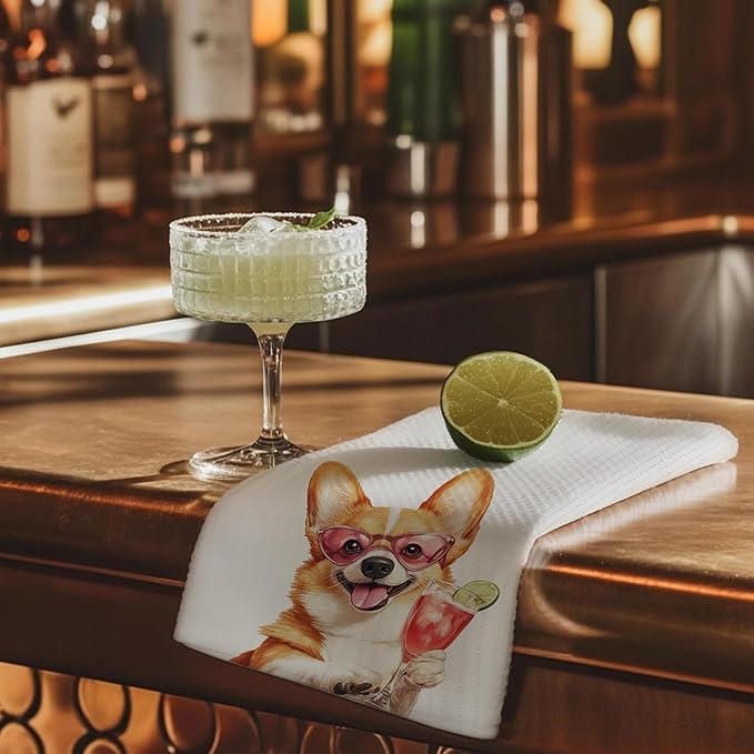 Cabana Bro Corgi Gifts Kitchen Towels, Corgi Gifts for Women Dog Lovers Decorative Hand Towels for Bathroom, Funny Dog Puppy Getting Drunk Cocktail Dish Tea Towels for Kitchen, 16x24 Inch