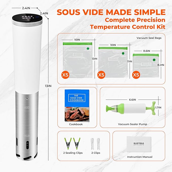 SUSTEAS Sous Vide,1200W Sous Vide Cooker with 15 Vacuum Bags Pump Recipe, Silence Sous Vide Machine Digital Timer Temperature Control, Immersion Circulator for Kitchen, IPX7, White