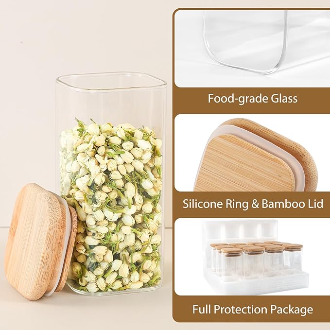 12 Pack 10 oz Square Glass Spice Jars with Lids and Labels – Airtight Small Spice Containers Set, Clear Glass Storage Jars for Seasoning, Spices, Kitchen Pantry Organization