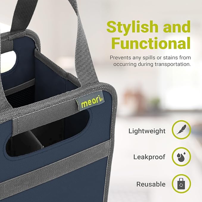 meori Foldable 4 Bottle Wine Tote Marine Blue Organize Crate Glass Dividers Stylish Travel Storage Box Liquor Spirits Tastings Grocery Shopping Hostess Gift (A100814)