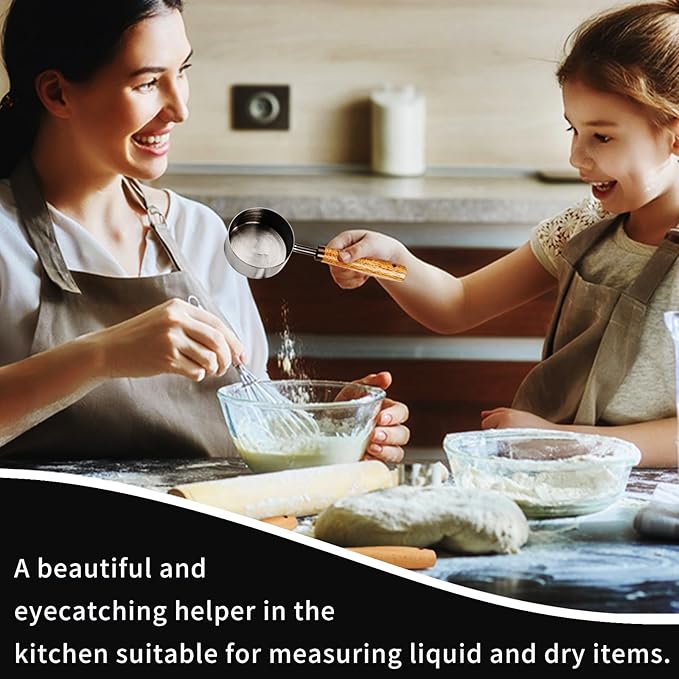 Measuring Cup with Wooden Handle, 1/4 Cup Titanium-plating 60 Ml Stainless Steel, Space Gray