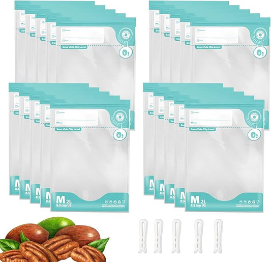 Sous Vide Bags Reusable, 20 PCS BPA Free Food Vacuum Sealer Bags, Double-sided 20C, Vacuum Zipper Bag for Sous Vide Cooking, 20pcs food storage bags & 4 Seal Clips (7.9x 11.8 Inch)