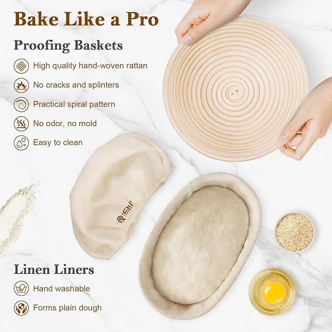 Banneton Bread Proofing Basket Sourdough Bread Baking Supplies, Sourdough Starter Kit with 9" Round and 10" Oval Baskets, Sling, Bread Lame, Proofing Cover, Scraper, Dough Whisk