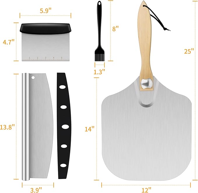 Pizza Peel, 12" x 14" Pizza Spatula for Oven, Aluminum Pizza Paddle with Cutter Scraper Pastry Brush, Pizza Peels Oven Accessories for Baking Homemade Pizza Dough Bread