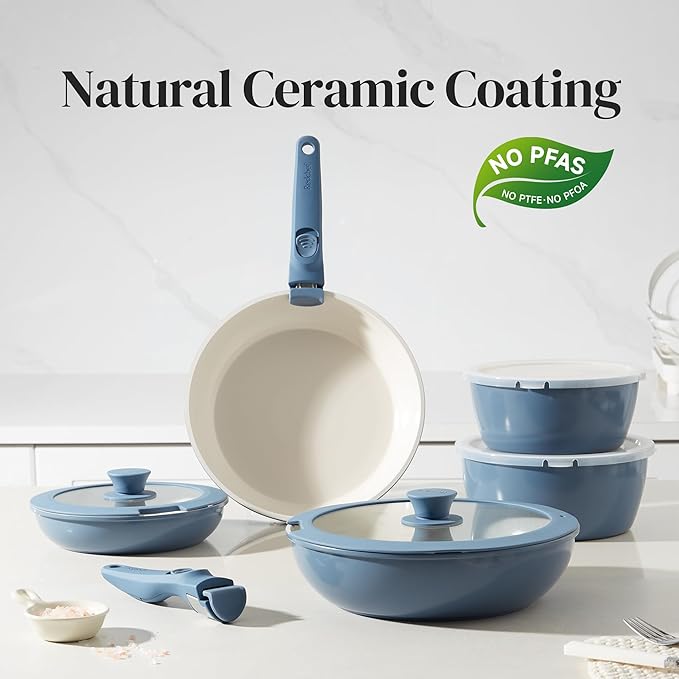 Redchef 16pcs Ceramic Nonstick Pots and Pans Set, Kitchen Cookware Set with Removable Handle, Non Toxic Cookware Set, PFAS PFOA & PTFE Free, RV Ceramic Cookware for Camping, Dishwasher/Oven Safe