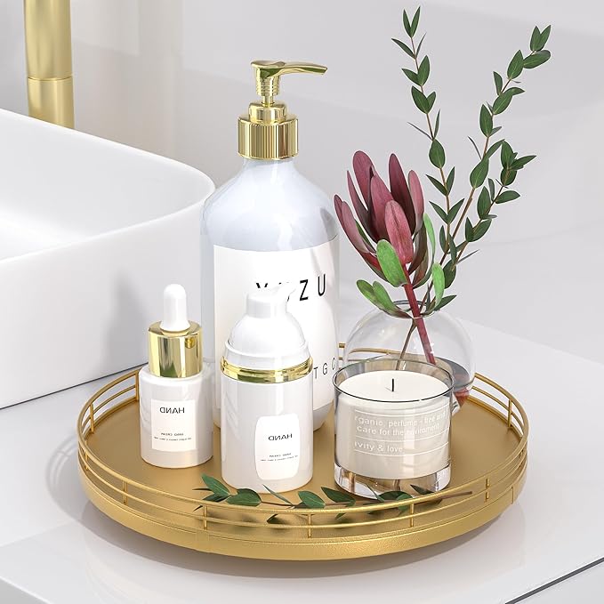 10" Gold Lazy Susan for Table Top, Oak Wood Lazy Susan Turntable Organizer for Dining Coffee Table Centerpiece Bar Decor Kitchen Countertop Bathroom Vanity Decorative Tray for Perfume Jewelry Round