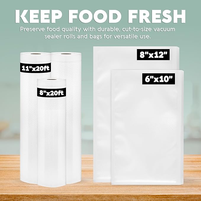 Avid Armor Vacuum Sealer Bags & Rolls – Heavy Duty, BPA-Free, Pre-Cut & Custom-Sized for Food Storage, Meal Prep & Sous Vide – 20 Pint, 30 Quart, 2 Rolls (11"x20ft), 1 Roll (8"x20ft)