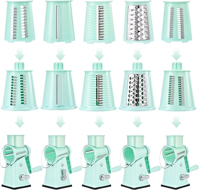 Xilrvna Rotary CheeseGrater, Vegetable Shredder 5 in 1 CheeseGraterwithHandleedderReinforcedSuction,EasytoClean,KitchenChopperforCrushed Ice,Fruits and Nuts with Blade Storage Case（Green）