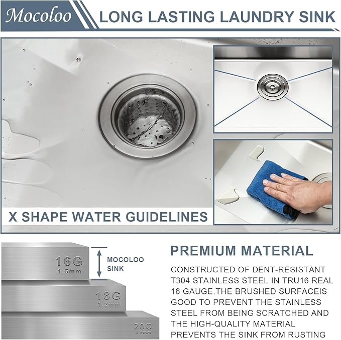 Mocoloo 21 Inch Laundry Sink - 21 x 18 Undermount Utility Sinks 16 Gauge Single Bowl Stainless Steel Utility Sink 12 Inch Deep Laundry Room Sinks Under Counter Seamless Handmade Basin