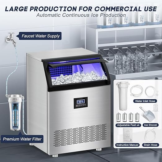 350 Lbs/24H Commercial Ice Maker – 80 Lbs Storage Bin, 126 Ice Cubes Per Cycle – Stainless Steel Undercounter/Freestanding Design, Perfect for Home, Bar, and Outdoor Use, Self-Cleaning Function
