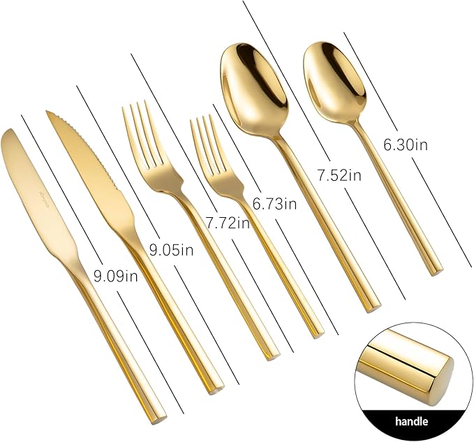 Gold Silverware Set with Steak Knives,Zerophilo Flatware Set with Hexagon Handle 24 Pieces 18/0 Stainless Steel Mirror Polished Cutlery Set for 4,Dishwasher Safe