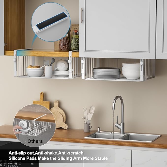 2Pack Under Shelf Basket Organizer,Adjustable Hanging Holder Storage for Cabinet Pantry Kitchen Cupboard Desk Counter Bookshelf Organization Add-on Space Saver Heavy Duty Slide-in,White