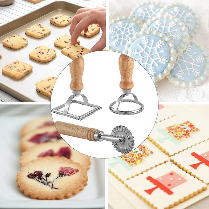 Ravioli Maker Stamp Cutter with Roller Wheel Set, Pasta Maker Mold with Wooden Handle and Fluted Edge, Ravioli Cutter and Press Stamp – for Pasta, Dumplings Lasagna, Pierogi (3 Set with Cutter)