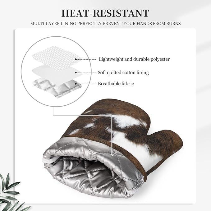 Cow Print Oven Mitts and Pot Holders Set of 4 Silicone Brown Cowhide Kitchen Mitten Gloves and Non-Slip Brown White Cow Print Potholders Set Heat Resistant Oven Gloves Hot Holders for BBQ