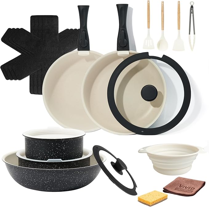 22Pcs Nonstick Ceramic Cookware Set with Detachable Handles, Oven & Induction Safe Pots and Pans, Non-Toxic Kitchen Essentials for Family Cooking, Black