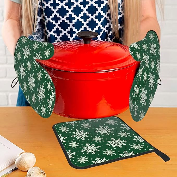 Oven Mitts Pot Holders Set 3 for Kitchen, Snowflake Insulation Oven Gloves Heat Resistant Pot Pads Cook Essentials Accessories for BBQ Baking Cooking Kitchen Decor Gifts for Women