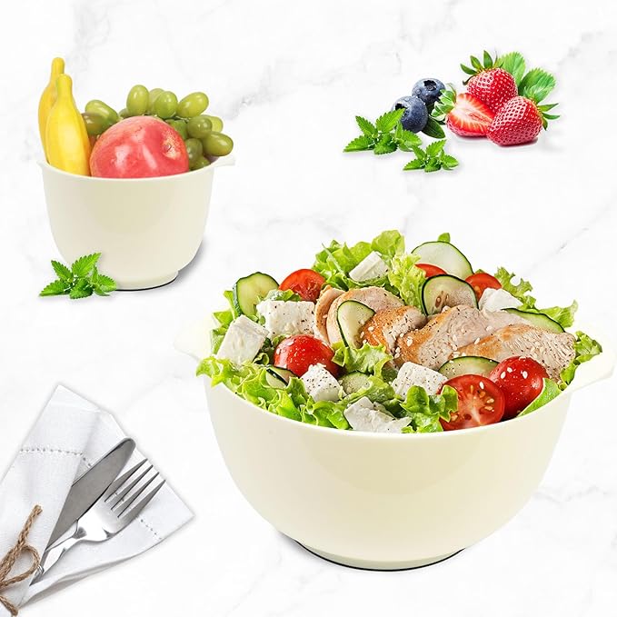 BoxedHome 4 Quart Large Plastic Mixing Bowls, Microwave Safe Mixing Bowl Set with Pour Spout, Nesting Bowls for Space Saving Storage(Beige)