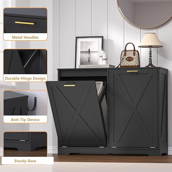 Tilt Out Trash Can Cabinet for 2 Bins, Hidden Recycle Garbage Bin Enclosure, Wooden Double Laundry Cabinet with Odor Control, Negative Ion & Ozone, for Kitchen, Bathroom, Laundry Room