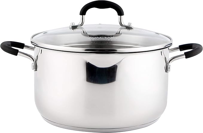 AVACRAFT Stainless Steel Stockpot with Glass Strainer Lid, 6 Quart Stock Pot, Soup & Saucepan Cookware, Side Spouts, Multipurpose, Induction Pan, (5-Ply Capsule Bottom, 6QT)
