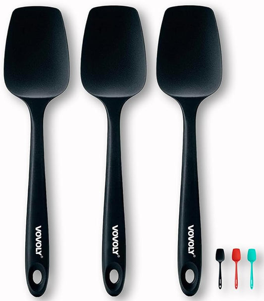Silicone Spatula Set, High Heat Resistan Rubber Spoon Spatula, Non-Stick Spoonula with Seamless One Piece Design, Flexible Scrapers Baking Mixing Tool,3 Pack, Black
