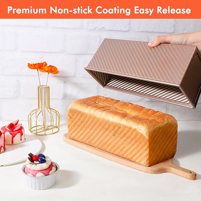 Beasea Pullman Loaf Pan with Lid, 2 Pack 2 lb Large Bread Loaf Pans 12x4inch Nonstick Carbon Steel Toast Box with Dough Scraper Set for Homemade Bread Bakeware Oven Baking - Rose Gold