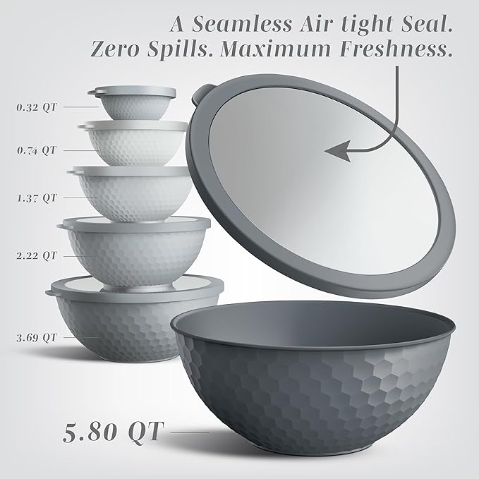 COOK WITH COLOR Mixing Bowls with Lids - 12 Piece Plastic Nesting Bowls Set includes 6 Prep Bowls and 6 Lids, Non Slip Bottom and Embossed Design - Microwave Safe (Grey)