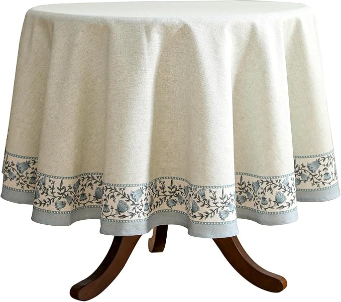 Floral Tablecloth for Round Tables,Linen Table Cloth with Thorny Vine Flower Pattern,Heavy Durable Table Cover for Dining Thanksgiving Kitchen Decor Party Christmas,Diameter 67"