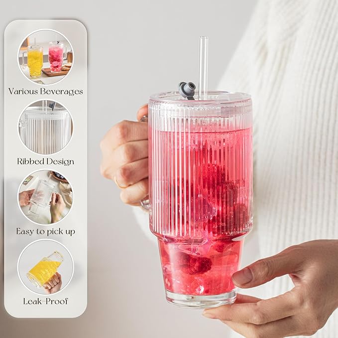 KEMORELA 24 Oz Ribbed Glass Tumblers with Lids and Straws, Tumbler Cup with Handle, Iced Coffee Glassware, Clear Reusable Drinkware for Smoothies and Beverages (1)