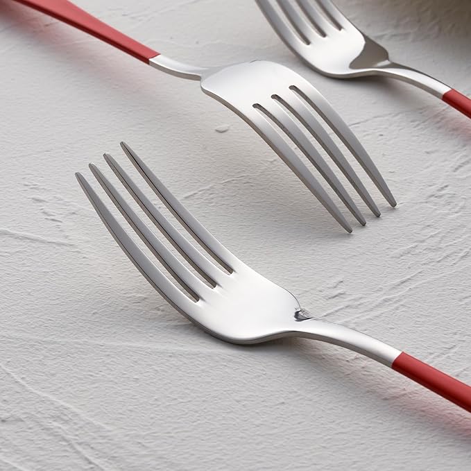 Red Dinner Fork, 18/0 Red handle Stainless Steel Satin Finish 8.1-inch Silverware Flatware Fork Set, Set of 12, Dishwasher Safe