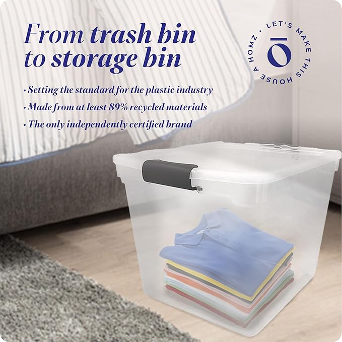 HOMZ 4-Pack Latching Lid, Large Clear Plastic Storage Bins with Lids, 31 Quart, Gray Latch - Stackable Container Boxes for Home, Bathroom, and Office Organization