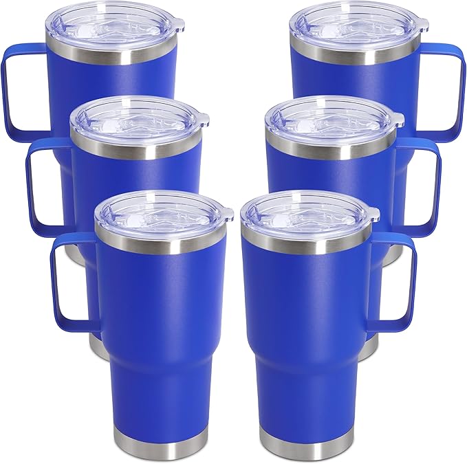 20 oz Tumbler with Handle and Lid, Stainless Steel Tumbler Insulated Travel Coffee Mug, Spill Proof Double Wall Vacuum Tumbler Cup Keep Drink Hot & Cold, Dark Blue, 6 Pack