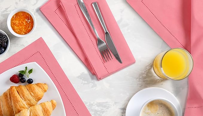 Bedding Craft Cotton Cloth Dinner Napkins Set of 12 – 18x18 Dianthus Pecan Hemstitched – Reusable Machine Washable Fabric Napkins for Weddings, Parties & Everyday Dining