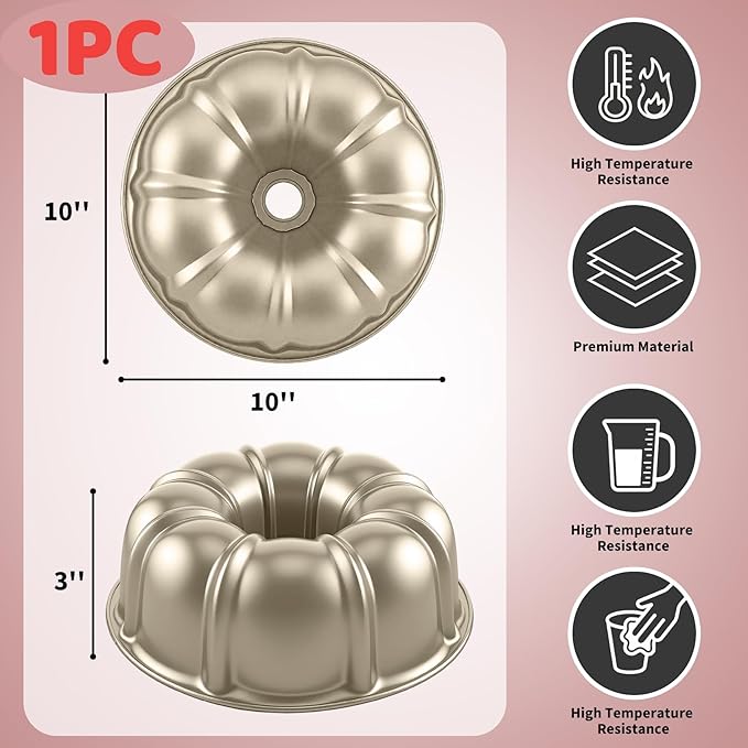 Bundt Cake Pan, 10-Inch Nonstick Round Fluted Tube Cake Baking Pan, Buntz Pound Cake Mold,Tube Bakeware,Baking Mold for Jello/Gelatin/Chocoflan/Flan, Non Toxic, Easy Clean - Gold