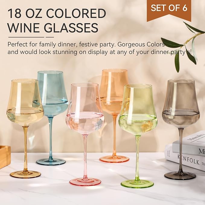 Colored Wine Glasses Set of 6-18oz Hand Blown Colorful Wine glasses - Unique Gift for Birthday,Wedding, housewarming