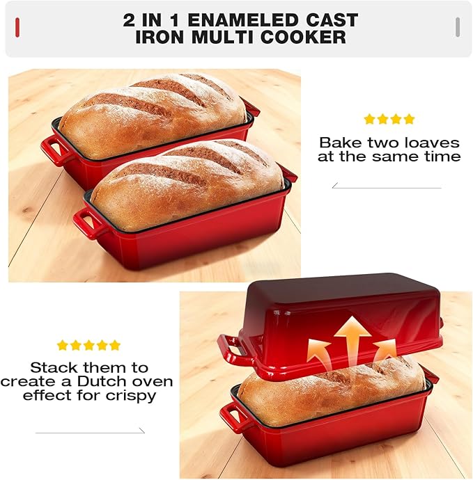 9x5 Enameled Cast Iron Loaf Pan with Lid – Bread Pan for Sourdough, Cake, Meatloaf, Even Heat, Nonstick, Easy to Clean, 2 Piece Set